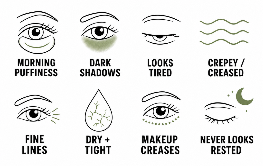 Morning puffiness, dark shadows, looks tired, crepey or creased, fine lines, dry and tight, makeup creases, never looks rested.