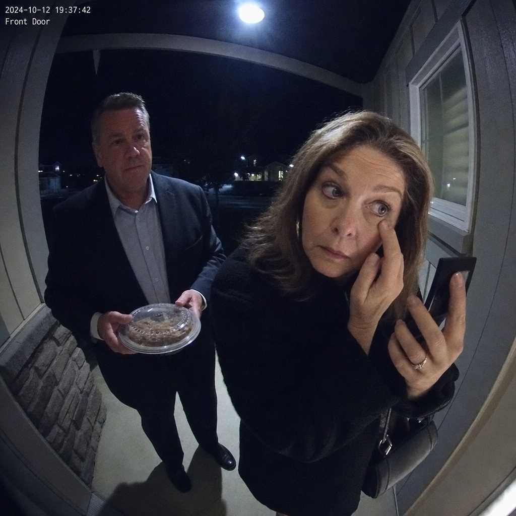 A doorbell-camera view of a couple arriving at a friend's door in the evening; she checks her tired under-eyes in her phone.