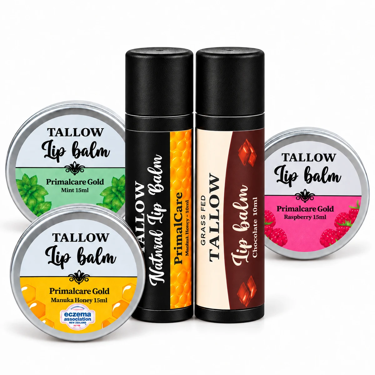 Honey and Cacao lip balm sticks, Honey, Mint and Raspberry tubs
