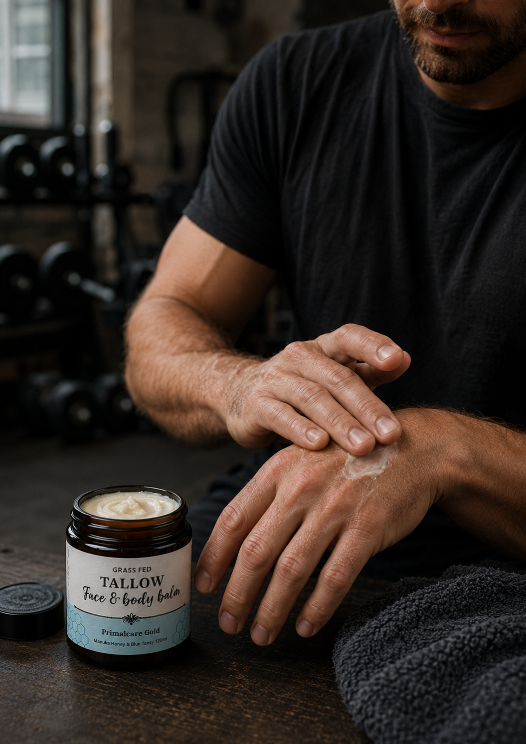 Man applying tallow balm — Mānuka Honey & Blue Tansy, gym setting