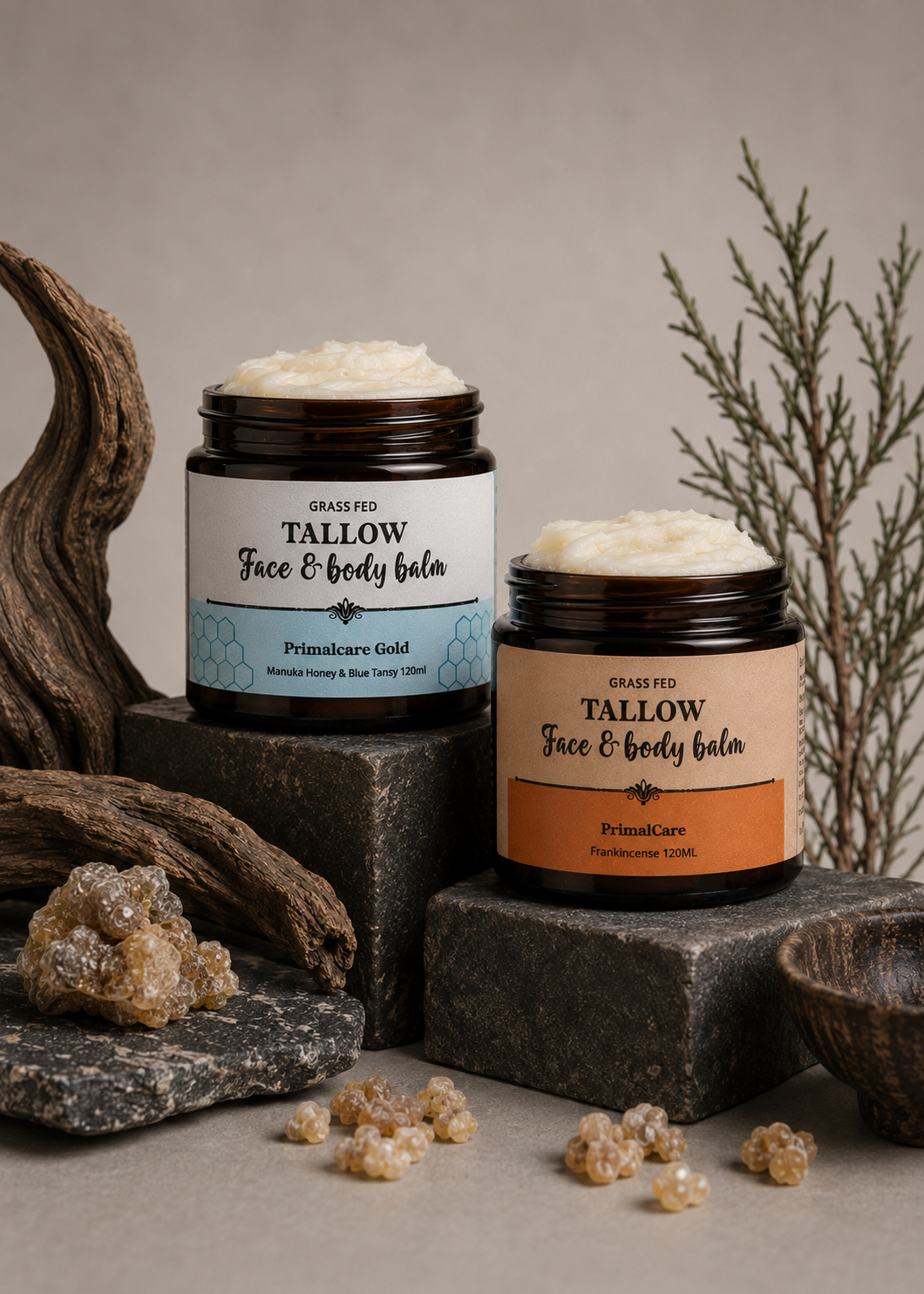 Frankincense tallow balm — dual jar lifestyle shot