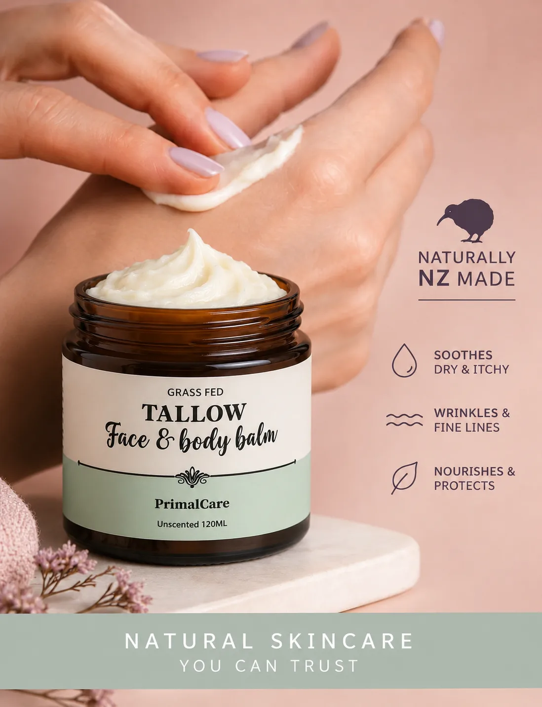 Unscented whipped tallow balm NZ — fragrance-free tallow cream for sensitive skin