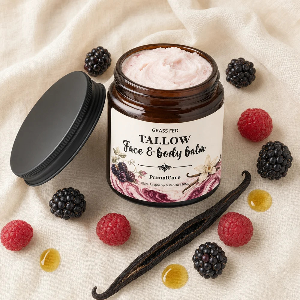 Raspberry Ripple balm with berries and vanilla flatlay