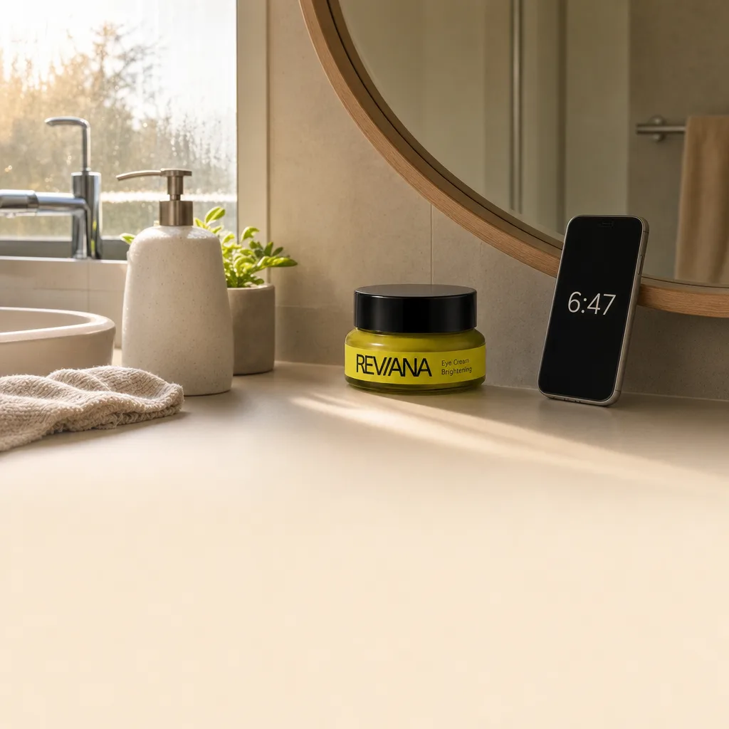 Reviana Eye Cream on the bathroom bench at 6:47am