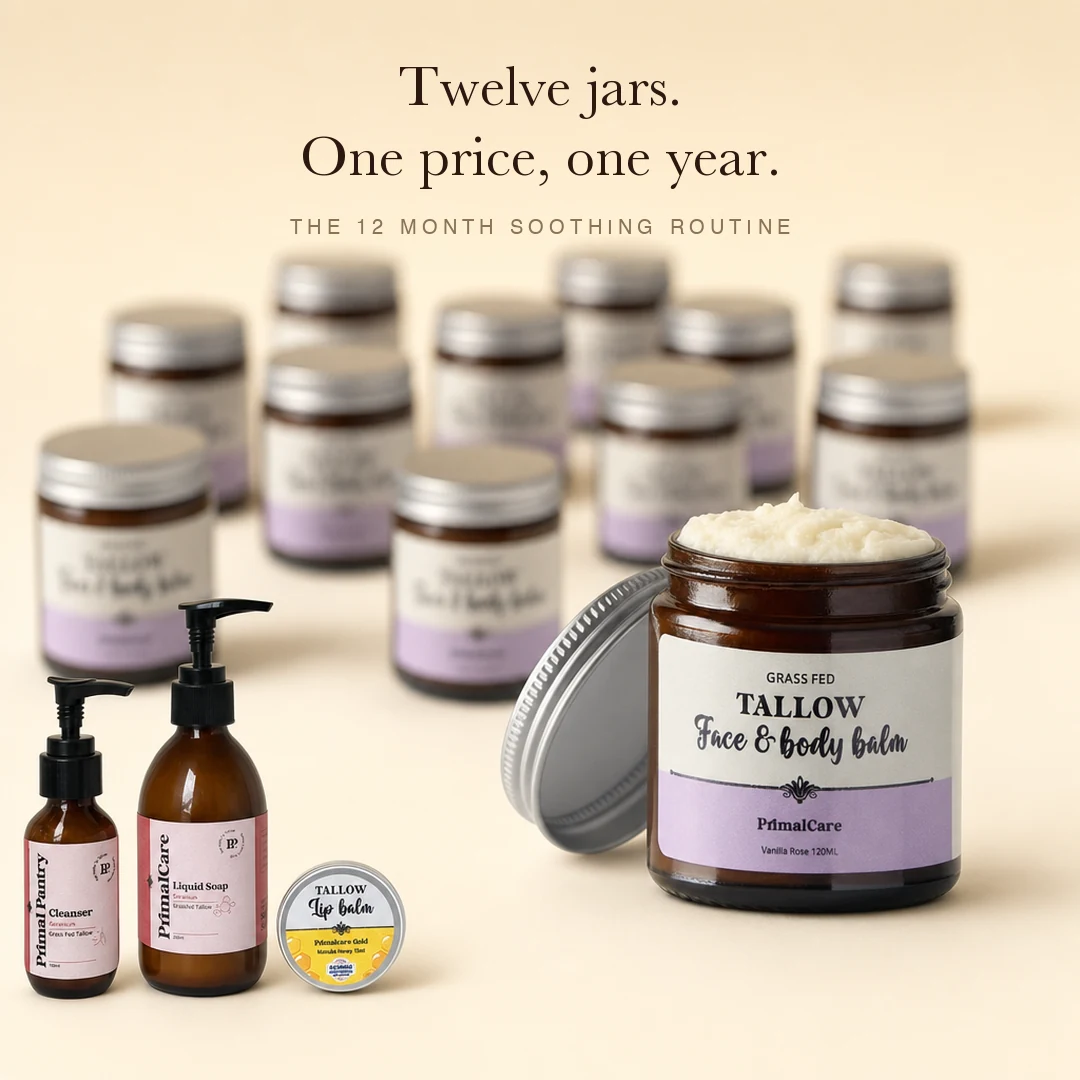 The 12 month tallow balm routine, the jar with its joining gifts laid out behind it