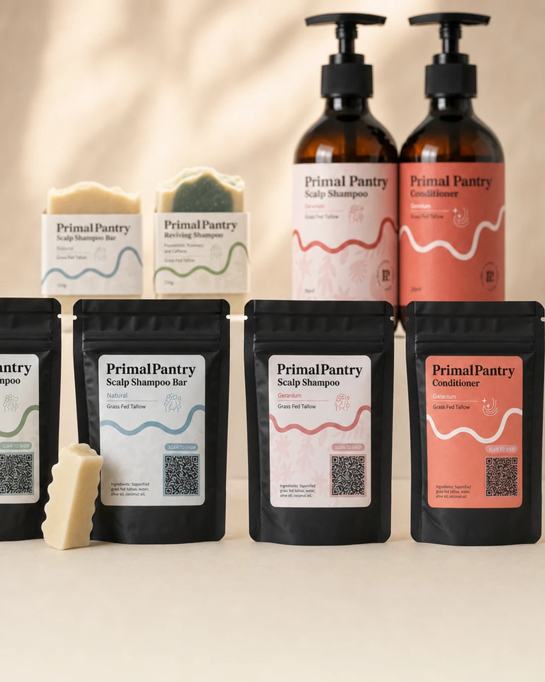 The tallow haircare sample set — four sample pouches with the full-size range behind
