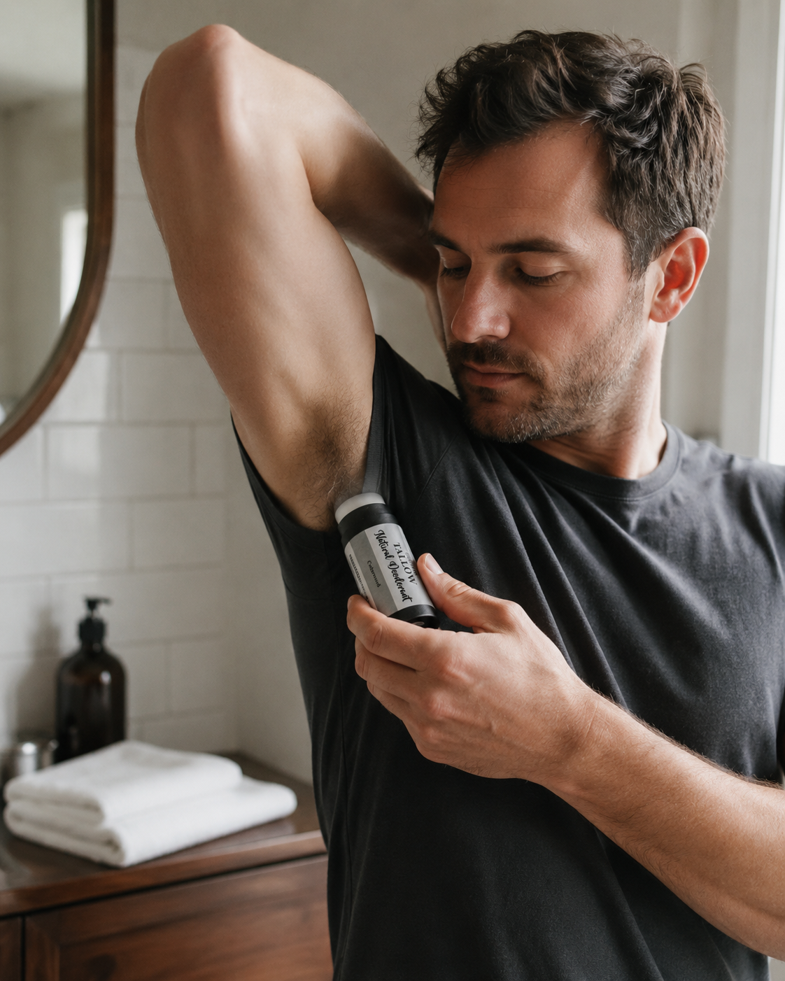 Man applying aluminium free natural deodorant for men