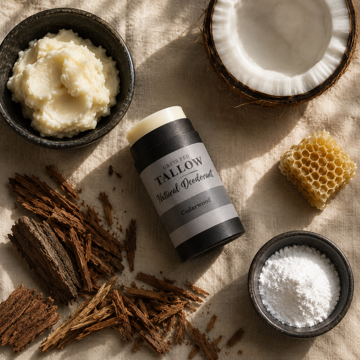 Tallow deodorant for men — natural ingredients including grass-fed tallow, coconut, beeswax, cedarwood, magnesium