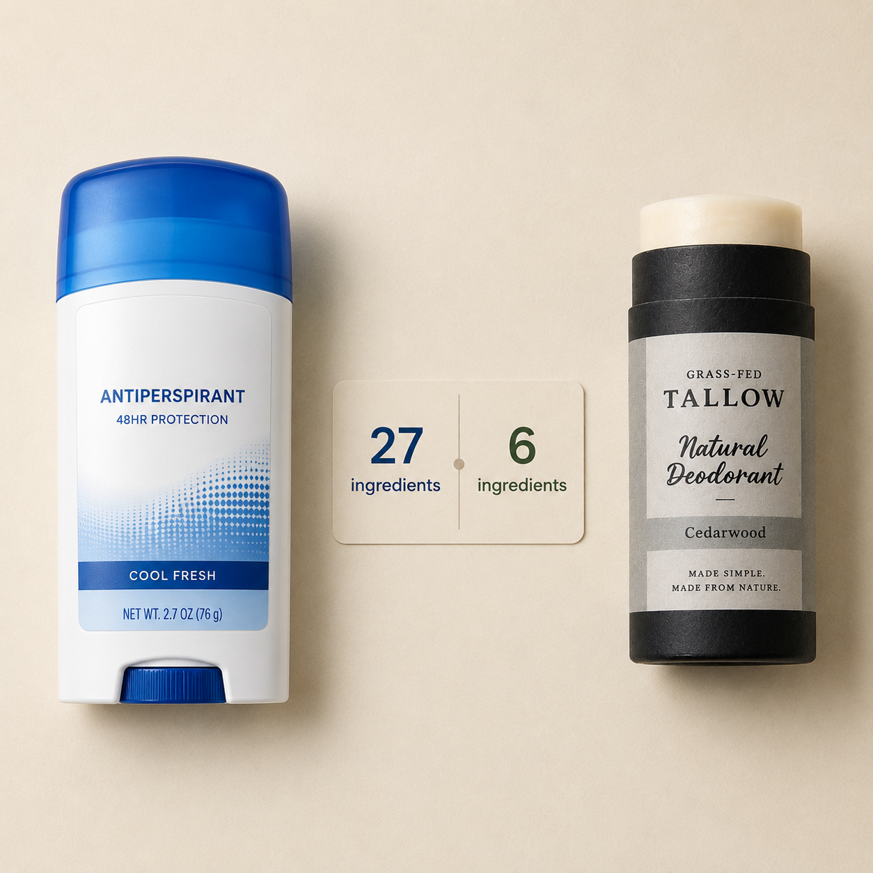 Tallow dudes deodorant vs commercial antiperspirant — 6 ingredients vs 27