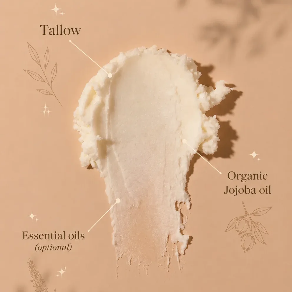 Natural tallow cream NZ ingredients — grass-fed tallow, organic jojoba oil, essential oils